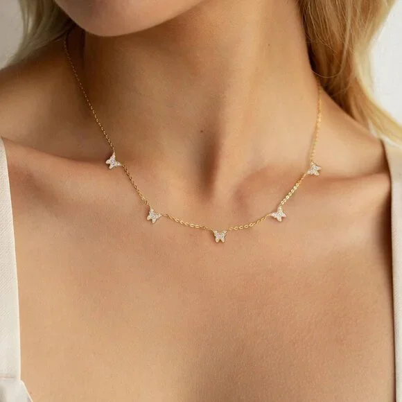 Diamond Necklaces for Women 14K Gold Silver Gold Plated Dainty Necklace Five Dia - Picture 3 of 8